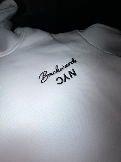 BackwardsNYC Ultimate Comfort and Style: Premium Fabric Hoodie for Men/Women. Black on White, Left Chest
