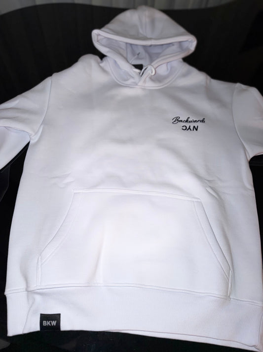 BackwardsNYC Ultimate Comfort and Style: Premium Fabric Hoodie for Men/Women. Black on White, Left Chest