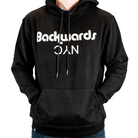 A BackwardsNYC Ultimate Comfort and Style: Premium Fabric Hoodie for Men/Women. White on Black, Center Chest